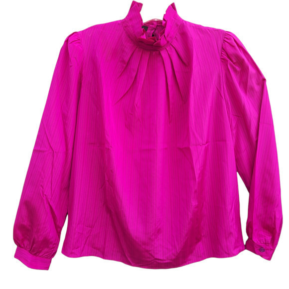 Vintage 70s Ronnie of California Pink Stripe Ruffle Puffy‎ Secretary Blouse - Picture 1 of 11